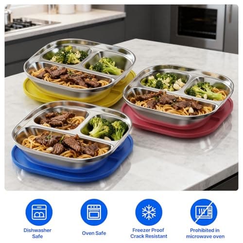 3 Pack Snack Containers,Lunch Box Containers,Food Grade Metal Base with a BPA Free Leakproof & Airtight Silicone Lid,Reusable Airtight Bento lunch Boxes, Kitchen Storage, Freezer (3 color) (Red) - Thumbnail 4