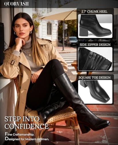 Quorvash Knee High Boots Women - Long Elastic Faux Leather Boots Tall Square Toe Chunky Block High Heel Shoes with Side Zipper Black 10 - Thumbnail 5