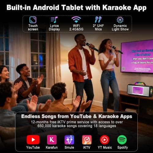 Podvoxlit Smart Karaoke Machine for Adults, with Lyrics Display, 2 Wireless Microphones, 480W Bluetooth Speaker for Party, Portable Karaoke System with Dynamic Lights for Any Occasion - Thumbnail 3