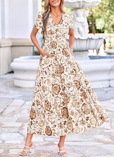 BTFBM Womens Summer Dresses 2026 V Neck Hollow Out Eyelet A Line Flowy Boho Beach Vacation Wedding Guest Maxi Dress(Floral White Khaki, Medium) - Thumbnail 2