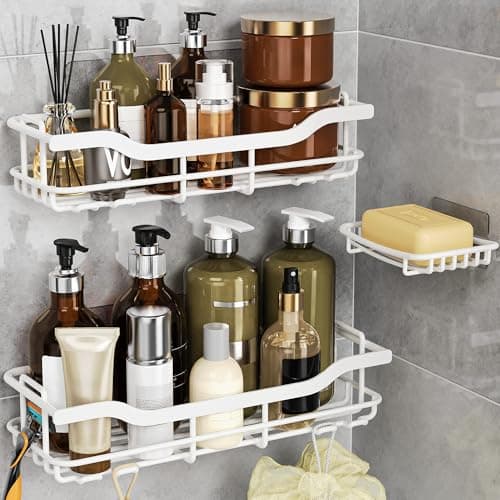 OMAIRA 3-Pack Shower Caddy with Soap Holder, Adhesive Rustproof No-drill Strudy Loading Inside Shower Organizer Shelves Rack Storage Bathroom Organization for Smooth Wall Glass Tile, White (X-Large) - Image 1