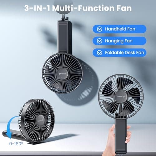WSKEN Desk Fan Small Quiet - 180° Foldable Portable Fan with Battery Operated, 6 Inch Rechargeable Handheld Fan, 20H Max Cooling Time, 4-Speed, Travel Essential for Outdoor, Office, Gift, Black - Thumbnail 6