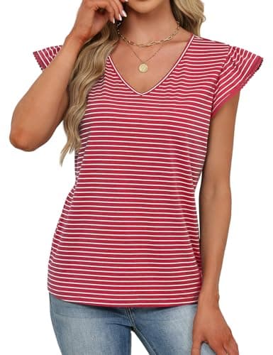 JUSTFASHIONNOW Womens Summer Ruffle Flutter Sleeve V Neck Tops, Soft Casual Striped Versatile Dressy Blouses(Red Stripe Large) - Thumbnail 4