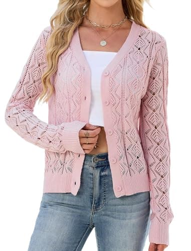 ZAFUL Womens Crochet Cardigan Cotton Long Sleeve Sweaters Trendy Lightweight Button Down Knit Shrugs Tops Pink XXL