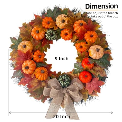 HipTree 20 Inch Fall Wreath for Front Door, Rustic Farmhouse Artificial Wreath with Plastic Pumpkins Maple Leaves Burlap Bow, Halloween Thanksgiving Harvest Decor for Porch Wall Indoor Outdoor - Thumbnail 3