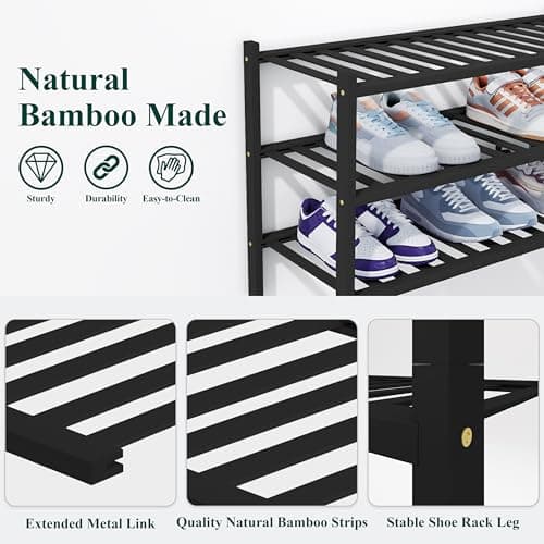 Smiry Shoe Rack, 5 Tier Thick Bamboo Shoe Organizer, Stackable Free Standing Wooden Shoe Storage Shelf for Closet, Entryway, Front Door Entrance, Black - Thumbnail 3
