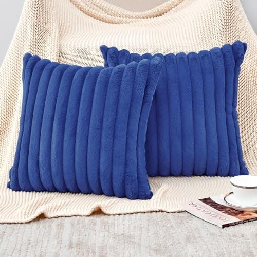 GriNeed Throw Pillow Covers Decorative Faux Fur Set of 2 18x18 Inch Pillow Covers, Soft Navy Blue Striped Pillowcases for Couch Sofa Bed Living Room, Fluffy Cute Home Boho Accent Fuzzy Decor - Image 1