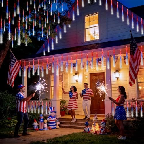 KNONEW Red White and Blue Solar Lights, 20 Tube 720 LED Solar Meteor Shower Lights Outdoor Waterproof Falling Raindrop Lights for Independence Day Tree Garden Yard Patio Gazebo 4th of July Decorations - Thumbnail 2