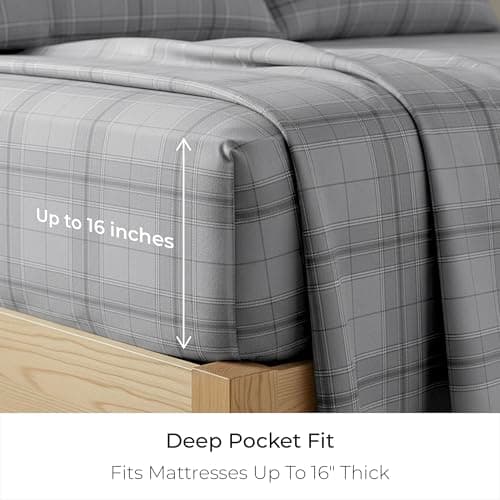 Mellanni Flannel Bed Sheet Set - 3 Piece Luxury 100% Heavyweight 180GSM Cotton - Cozy, Soft & Breathable - Deep Pockets with All-Around Elastic - Warm & Comfortable (Twin, Light Gray Plaid) - Thumbnail 4