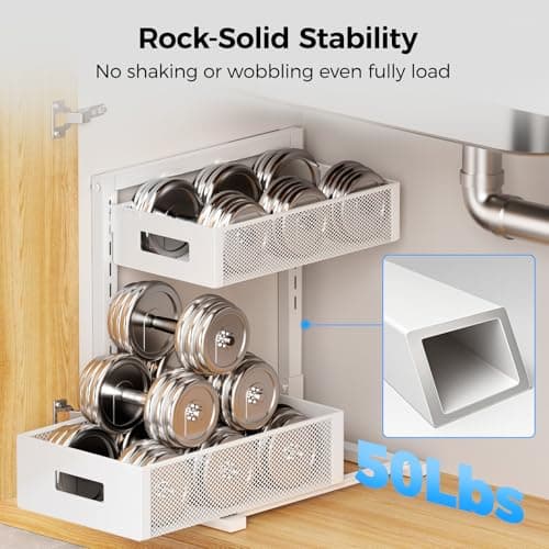 HAIREALM 2 Pack Under Sink Organizer, Adjustable Height Under Sink Organizers and Storage, Smooth & Silent Sliding Out Metal Drawer for Kitchen Bathroom Pantry Cabinet Closet (White) - Thumbnail 5