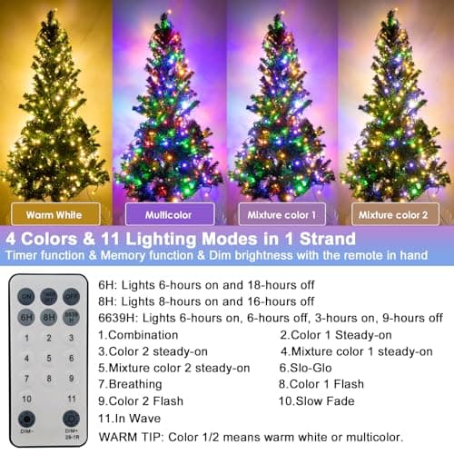 Decute 300LED Christmas Tree Lights Outdoor Indoor String Lights 108FT Extendable, 11 Modes 4 Colors Changing Waterproof Twinkle Fairy Lights Party Decor with Timer Remote(Warm White & 3 Multicolors) - Thumbnail 2