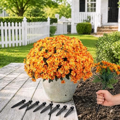 Artificial Flowers for Outdoors with Ground Spikes, 14 Stems Large Daisy Fake Flowers, Silk Faux Flowers for Outdoor Planters, Garden, Porch, Window Box & Cemetery Decor, 8 Bundles(Orange)