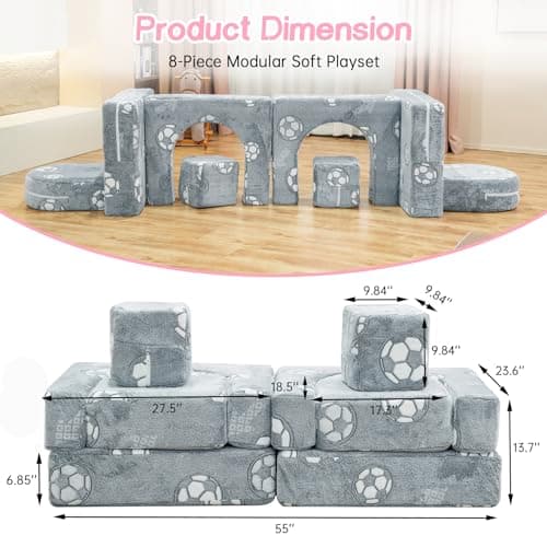 furlinkhm Modular Kids Play Couch, Kids Couch for Playroom Bedroom, Glow in The Dark, 5 Seconds Instant Expansion, Glowing Football, Grey - Thumbnail 2
