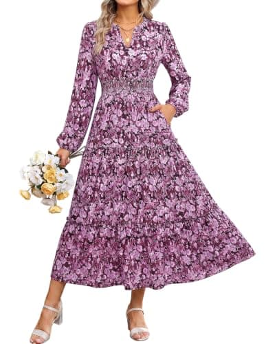 GRACE KARIN Women's Floral Maxi Dress 2026 Fall Long Sleeve V Neck Empire Waist A Line Flowy Dress with Pocket Purple M - Image 1