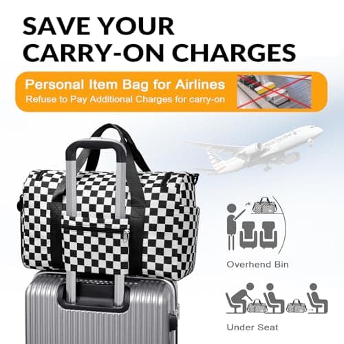 WOOMADA Foldable Travel Duffel Bag for Women, Weekender Bags with Shoes Compartment,Overnight Bag with Wet Pocket & Trolley Sleeve(black&white checkboard) - Thumbnail 5