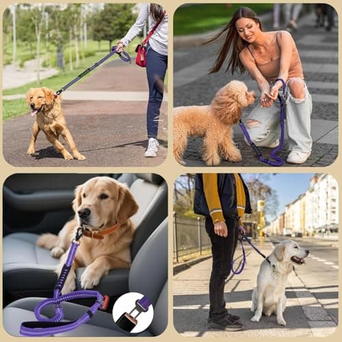 Heavy Duty Bungee Dog Leashes, 4-6FT Shock Absorbing Tactical Dog Leash with 2 Padded Handles, Metal Carabiner Clip,Car Seatbelt, Reflective Dog Leash for Medium Large Dogs (Purple) - Thumbnail 5