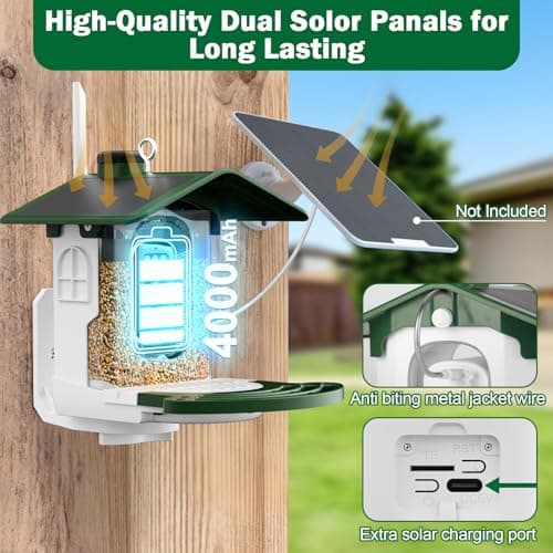 Jarkyfine Smart Bird Feeder with Camera Solar Powered - AI Bird Identification, 2.4Ghz WiFi, 2K HD Video Live Stream Camera, 3MP Photos, 2.9in Focus, Gifts for Mom Dad Birdlovers, Green - Thumbnail 2