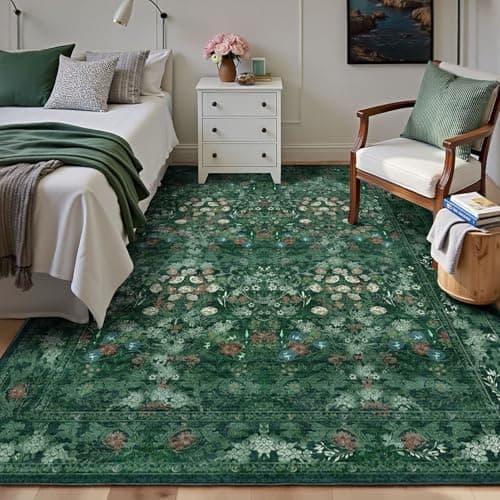 Green Boho Living Room 5x7 Area Rug, Floral Washable Vintage Distressed Rug for Dining Room Under Table, Bedroom, Nursery, Home Office - Low Pile Non Slip Art Deco Carpet, Farmhouse Accent Mat - Thumbnail 5