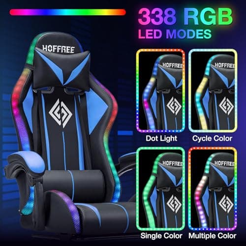 HOFFREE RGB Gaming Chair with Speakers Massage Computer Gaming Chair with LED Lights and Footrest High Back Video Game Chair for Adults Blue and Black - Thumbnail 4