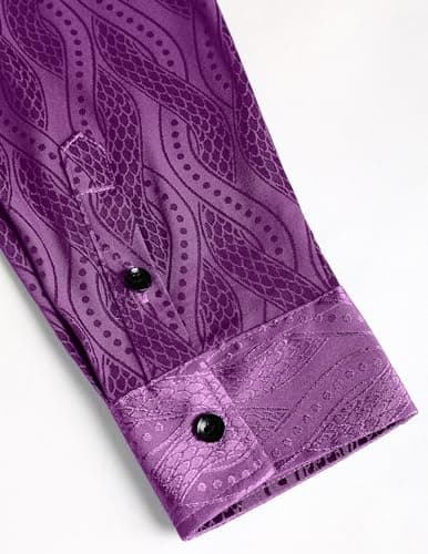 ZAFUL Men Metallic Satin Dress Shirt Luxury Jacquard Long Sleeve Casual Button Down Shirts Silk Shirts Purple XL - Thumbnail 4