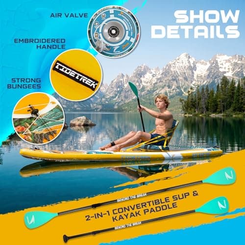 TIDETREK 11'/11'6" x 33"/34" x 6" Inflatable SUP Paddle Board – Extra-Wide, Stable Stand Up Paddle Board with Premium Full Accessory Set for Adults & Youth (Sunny Wave/Kayak Seat, 11'6"x33"x6") - Thumbnail 6