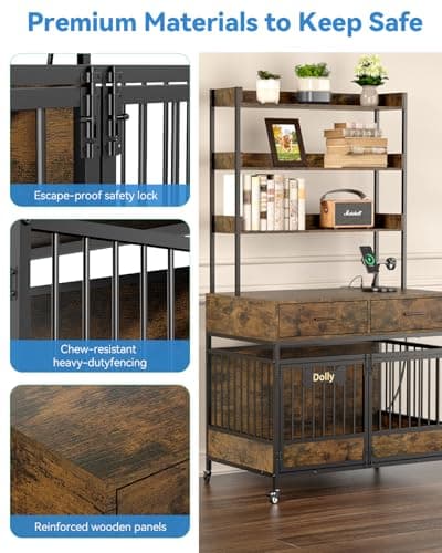 Petrova 40" Dog Crate Furniture with LED Light & Power Outlets, Heavy Duty Indoor Dog Kennel for Small/Medium Dogs, Wooden Dog Cage with Open Shelves, Storage Drawers, Lockable Wheels, Brown - Thumbnail 5