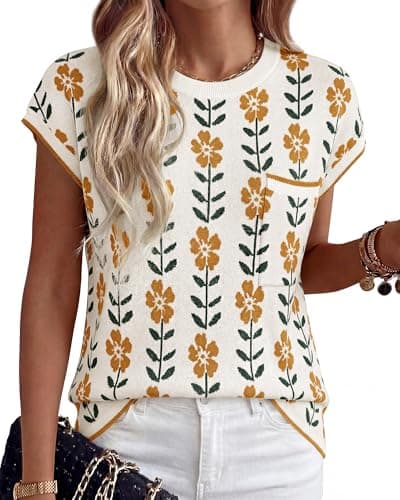 KIRUNDO Summer Fall Short Sleeve Sweater for Women 2026 Casual Sweater Vest Cotton Knit Pullover Tank Tops Fashion Clothing(White Yellow Flower, Medium) - Image 1