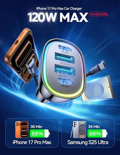 120W for iPhone 17 Pro Max Car Charger, Dual PD 60W & QC 3.0 Cigarette Lighter USB Charger with 60W Type C Cable, Car Charger USB C, Car Accessories for iPhone 17/16 Pro/Air, Galaxy S25, iPad, MacBook - Thumbnail 2