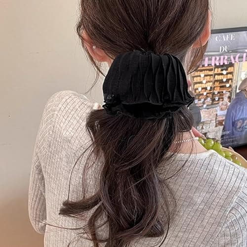 Jseng 2PCS Extra Large Scrunchies for Hair, Korea Lace Hair Ties, Beige and Black - Thumbnail 6