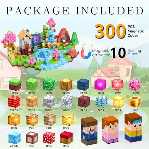 HEJIHUI 300 PCS Magnetic Building Blocks with Light Cube - STEM Educational Toys with Storage Bag for Kids 3+ (Village Theme) - Thumbnail 2