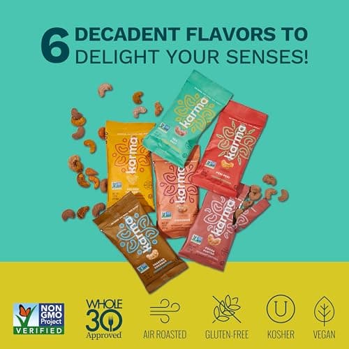 Karma Nuts Flavored Cashews Variety Pack (1.5 oz, Pack of 6) – Whole Roasted Cashews, Healthy Snacks for Adults - Gluten Free Vegan Snacks, Vegan, Non GMO - Flavored Nuts Low Carb - Thumbnail 5