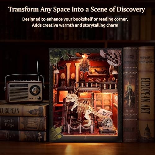 Soothee DIY Book Nook Kit with LED Lights (Dinosaur Museum) - 3D Puzzles for Adults & Teens, Miniatures and Model Building Kits for Bookshelf Decor, Relaxing Craft & Unique Gift for Craft Lovers - Thumbnail 2