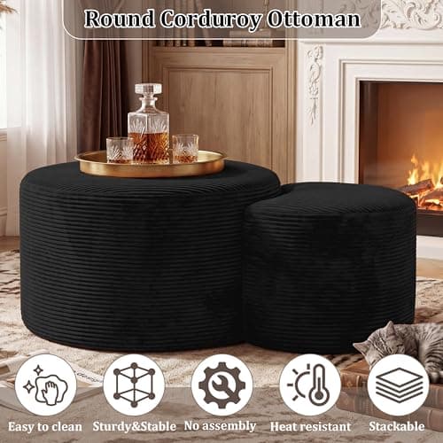 BSHOMGI Nesting Coffee Table Set of 2, Upholstered Round Corduroy Circle Foam Round Side Table for Living Room, Entryway Set, 32"+17" Footrest No Assembly (Black, 32"+17") - Thumbnail 6