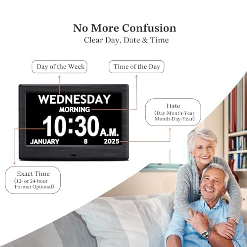 7'' Digital Clocks, 12 Reminders & 6 Alarms, Dementia Clock with Date and Time for Elderly, Auto-Dimming, Button & Remote Control, Auto DST, Digital Calendar for Seniors Large Display, Black Woodgrain - Thumbnail 6