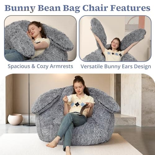 Achicsofar Bean Bag Chair for Adults Kids Giant Fluffy Plush Bean Bag Sofa with Filler Faux Fur Rabbit Shaped Beanbag Chairs Comfy Accent Floor Couch for Gaming, Reading in Bedroom, Living Room, Dorm - Thumbnail 4