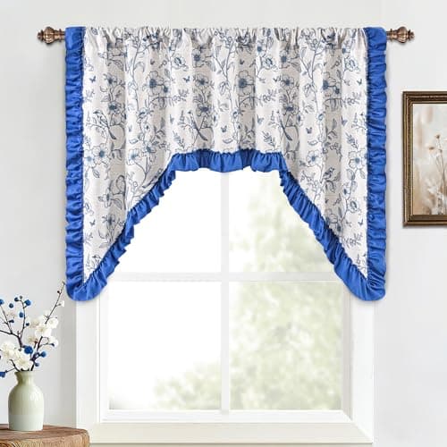 Yinhua Floral Valances for Windows, French Country Ruffle Swag Curtains, Linen Light Filtering Window Valances Rod Pocket Kitchen Curtains Valance for Living Room, 60" W x 36" L, 1 Panel, Blue - Image 1