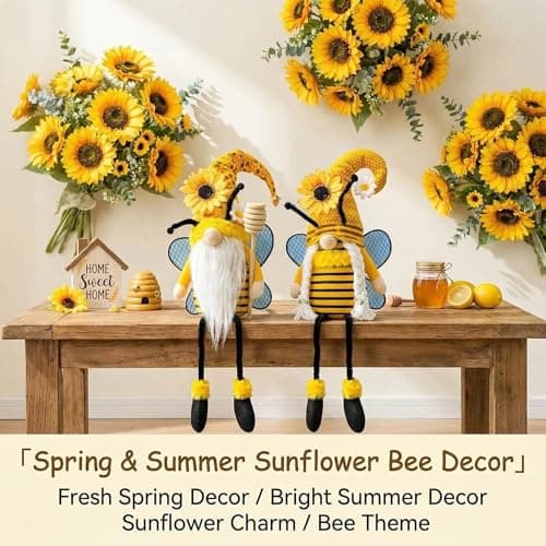 Lovinland Spring Decorations for Home, Office, Indoor - Yellow Honey Bumble Bee Sunflower Plush Gnomes Doll - Summer Gnome Gifts for Women - Bee Stuffed Sitters for Shelf Decor - Thumbnail 6