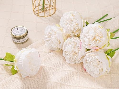 U'Artlines 2 Bouquet 10 Heads Artificial Peony Silk Flower Leaf Home Office Wedding Party Festival Bar Decor (Cream White) - Thumbnail 4
