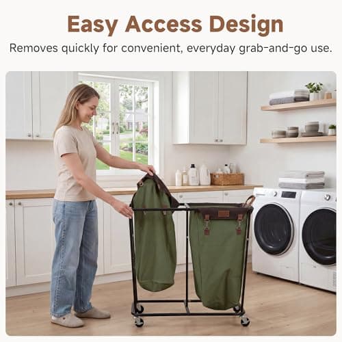 StorageWorks 390L Extra Large Laundry Hamper with Wheels, 2 Sections Laundry Basket with Wheels, Clothes Sorter Cart with Divider for Hotel, Home, Green, 1-Pack - Thumbnail 6
