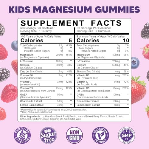 YANLUOBO Kids Magnesium Gummies, Magnesium Glycinate Gummies 400mg/200mg with L-Theanine, Chamomile, Vitamin B6, D3 for Kids, Relaxation & Zzz Support, Nerve Bone - Sugar Free Mixed Berry Flavor 60ct - Thumbnail 2