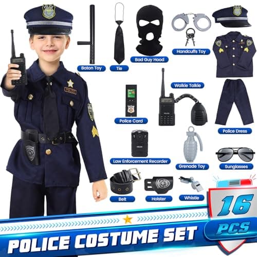 Skirfy 16PCS Police Costume for Kids, 16PCS Police Officer Uniform, Recorder, Cop Costume Role Play Kit for Boys Girls,Halloween Toys for Kids - Thumbnail 3