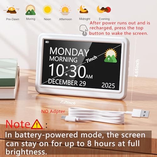 Rechargeable Digital Clock with Day and Date for Elderly, 7" Large Digital Calendar Clock for Seniors, 20 Alarms & Medication Reminders, Auto DST/Dimmer, 12 Themes, Best Gifts for People with Dementia - Thumbnail 2