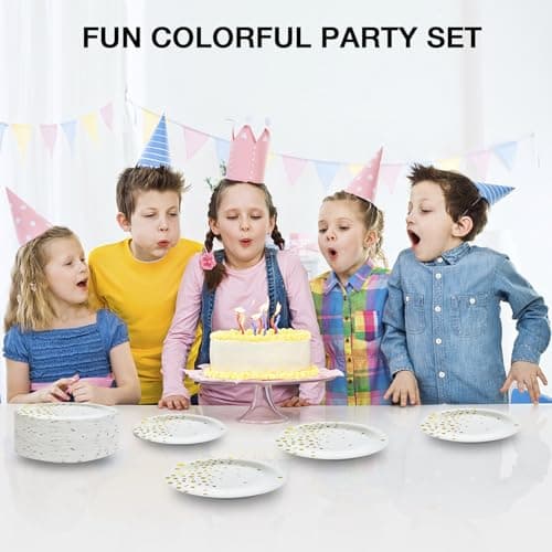 100 PCS Disposable Paper Plates for Party Supplies, White and Gold Dessert/Cake Plates, Heavy Duty Gold Plate for Party, Birthday, Graduation, Wedding, Engagement, Baby Shower, All Anniversary (7IN) - Thumbnail 5