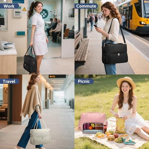 AHHZOOPLL 2-in-1 Lunch & Laptop Tote Bag for Women, 15.6" Lightweight Quilted Work Bag with Insulated Compartment, Water-Resistant Professional Commuter Bag for Office, Teacher, Nurse, Travel - Black - Thumbnail 5