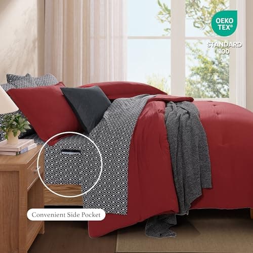 Monbix Queen Comforter Set - 7 Pieces Bright Red Prewashed Bed in a Bag Queen Bedding Sets with Comforters, All Seasons Ultra Soft Comforter Bed Set with Sheets, Pillowcases & Shams - Thumbnail 3