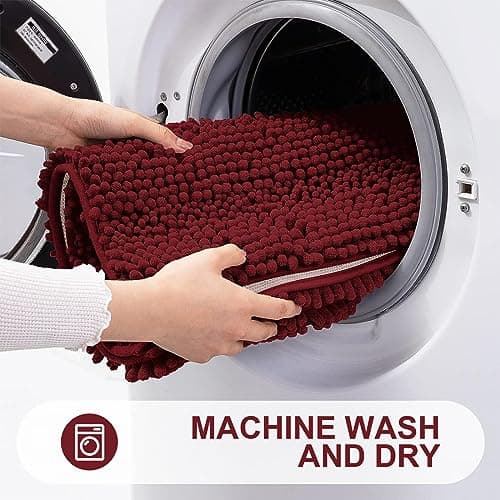 Grandaily Chenille Striped Bathroom Rugs 47x20, Extra Thick and Absorbent Bath Mats, Non-Slip Soft Plush Shaggy Shower Carpet, Machine Wash Dry, Bath Rug for Bathroom, Burgundy - Thumbnail 6