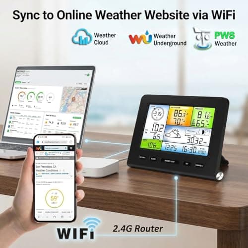 Urageuxy Weather Station Wireless Indoor Outdoor, Home Weather Stations with Rain Gauge, Wind Speed/Direction, Temperature, Humidity, Weather Forecast, Alarms, WiFi - Thumbnail 6