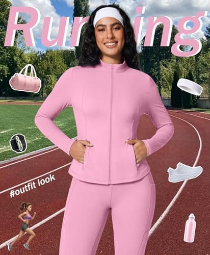 BRXL Womens Workout Jackets Full Zip Slim Fit Yoga Jacket Gym Track Jackets No Thumb Holes with Pockets Pink XXL - Thumbnail 2
