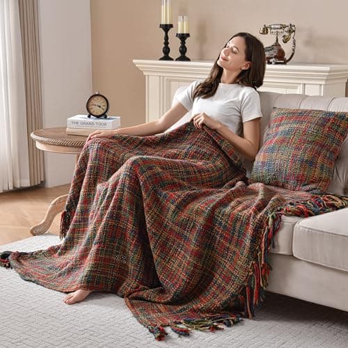 Feabuccy Soft Neon Color Knit Throw Blanket with Tassels, Cozy Boho Home Decro Throw for Sofa Couch Chair Bed, 50X60 Inch, Machine Washable, Red Color Scheme - Image 1