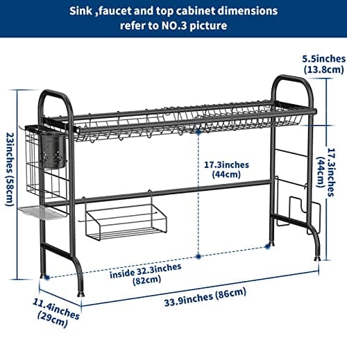 MOUKABAL Dish Drying Rack - Stainless Steel Over The Sink Dish Drying Rack (Expandable Length), Large Dish Rack with Utensil Holder, 32.3" - 33.9"(L) x 11.4"(W) x 23"(H) Black - Thumbnail 4